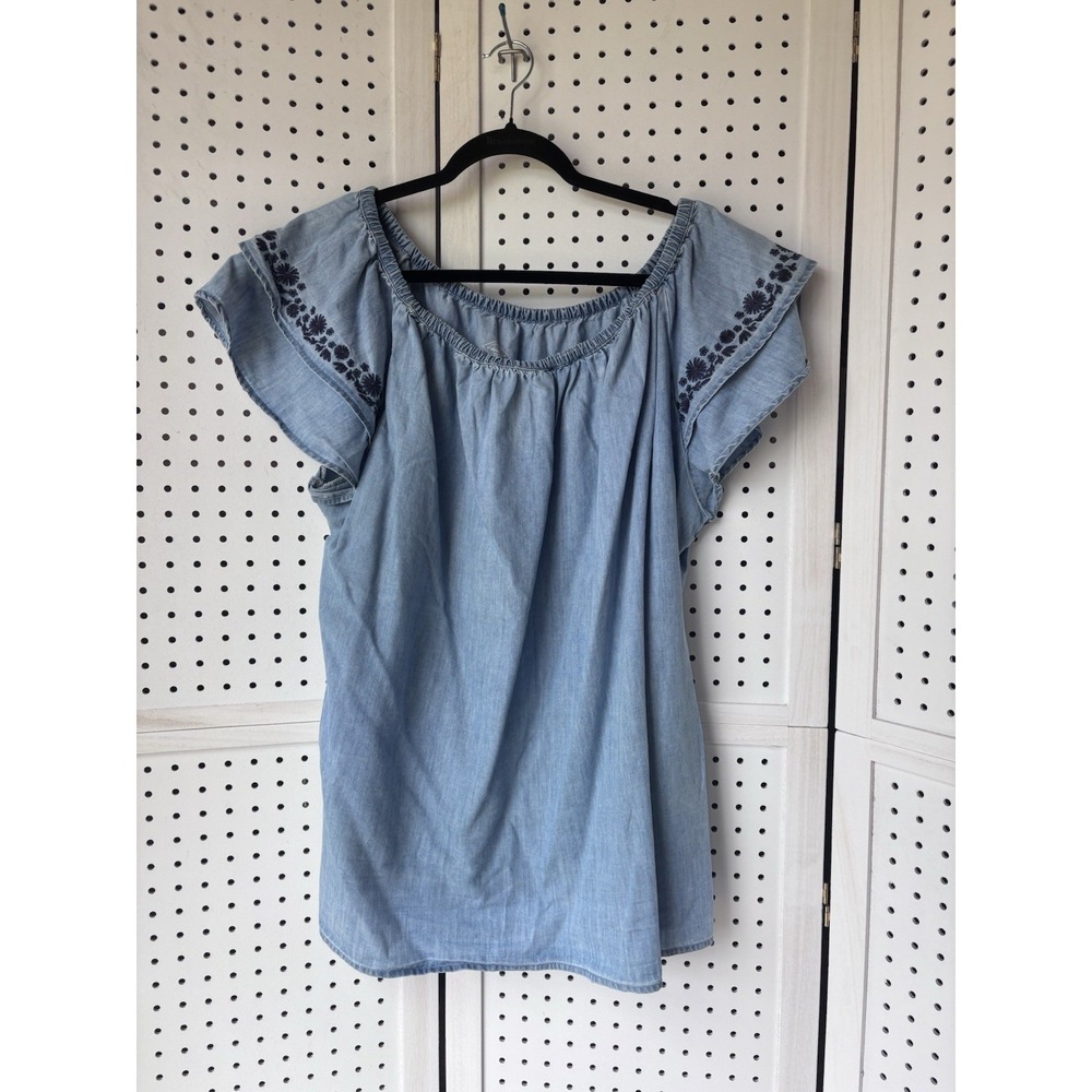 St. John's Bay Women's‎ 1X Cotton Lyocell Chambray Short SLV Embroidered Shirt